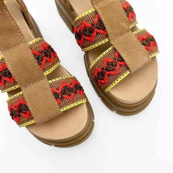 UGG Ashton Heritage Ankle Strap Lug Heel Chunky Sandals Size 7 Crochet Brown Red - Picture 3 of 11